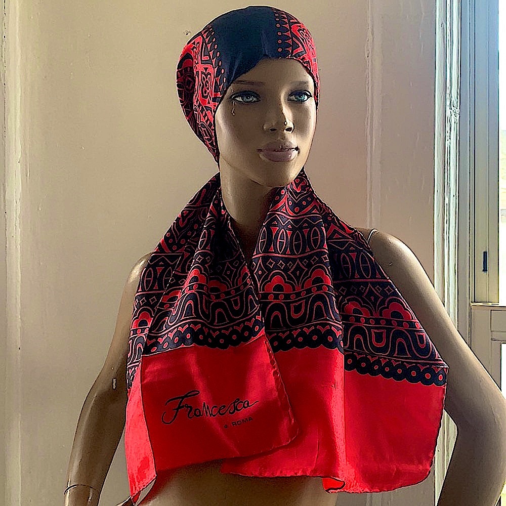 Francesca di Roma Red and Black Block Print Design Silk Scarf
